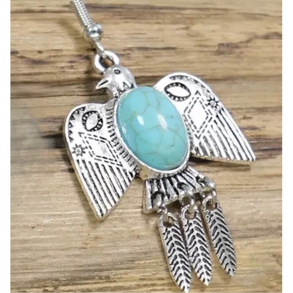 Retro Tribal Bird Pattern Dangle Earrings with Turquoise Decor - Picture 5 of 5